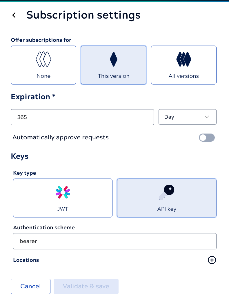 Example subscription settings for an API key