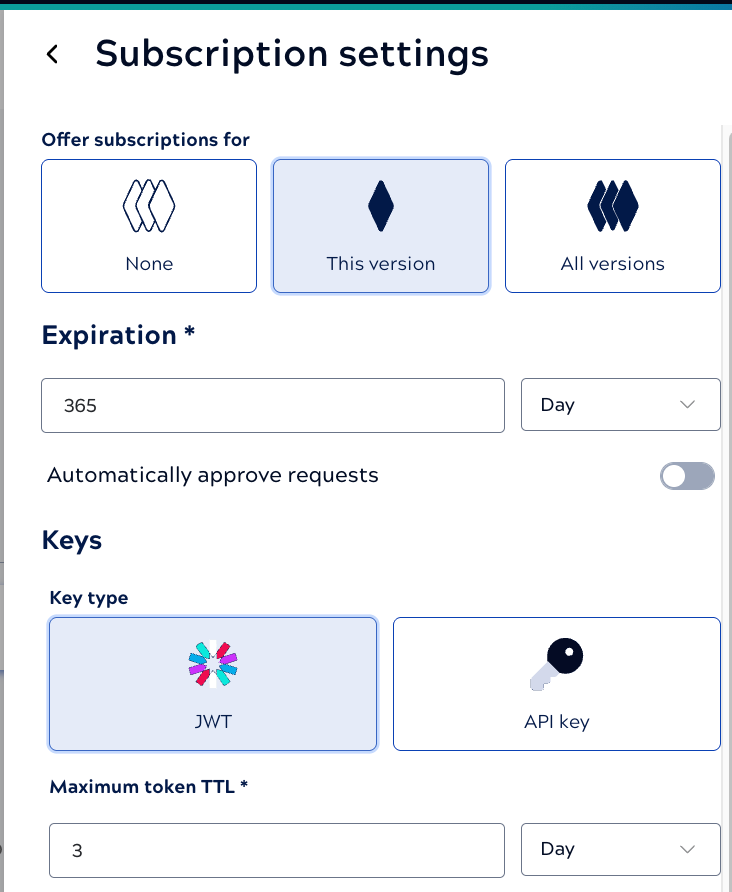 Subscription settings for a JWT