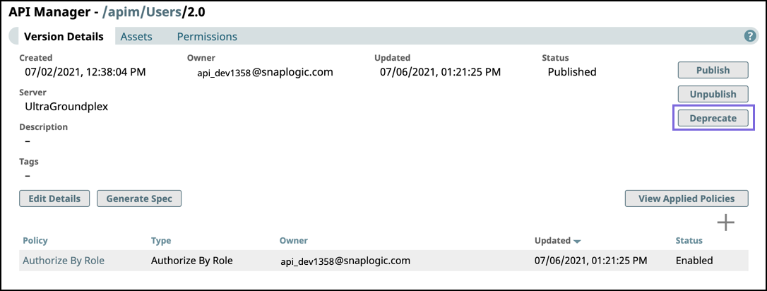 Version Details page with Deprecate button