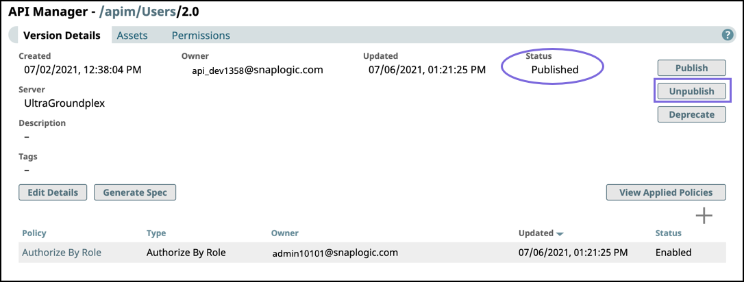 Version Details page with Unpublish button
