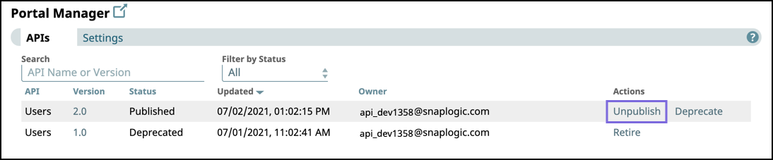 Portal Manager APIs tab with Unpublish action