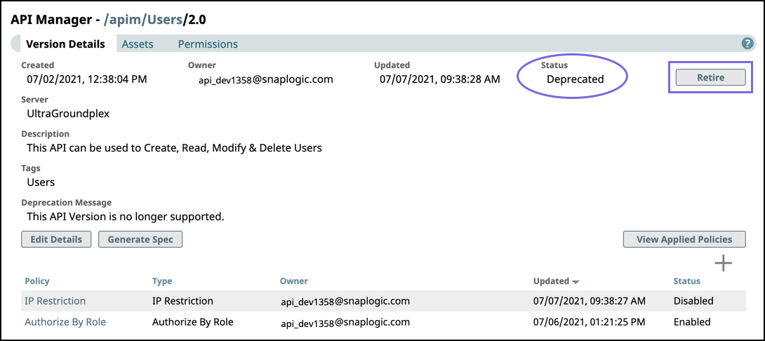 Version Details page with Retire button