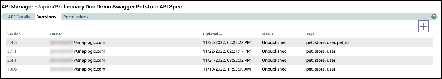 Create Version button on Versions tab