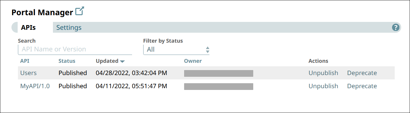 Portal Manager showing a published Proxy and a published API Version