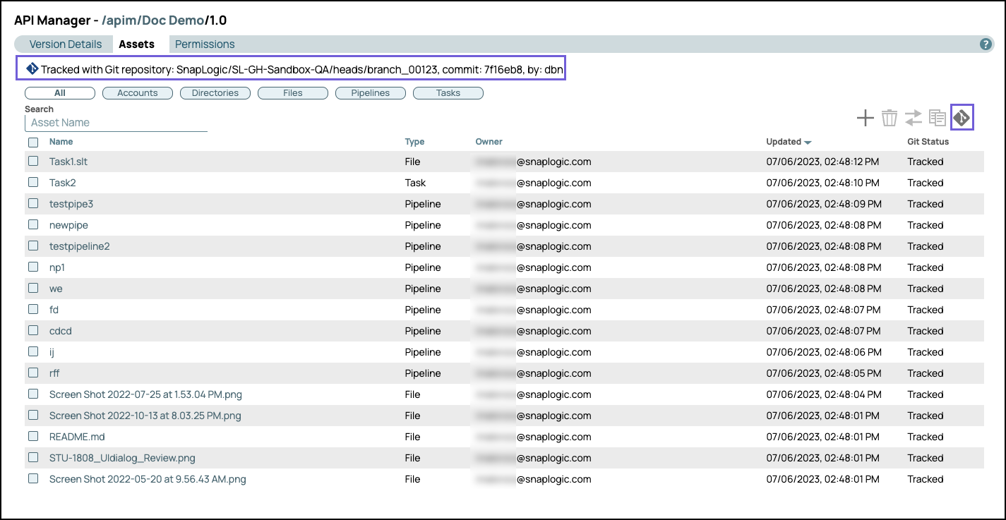 Assets tab showing Git repository contents