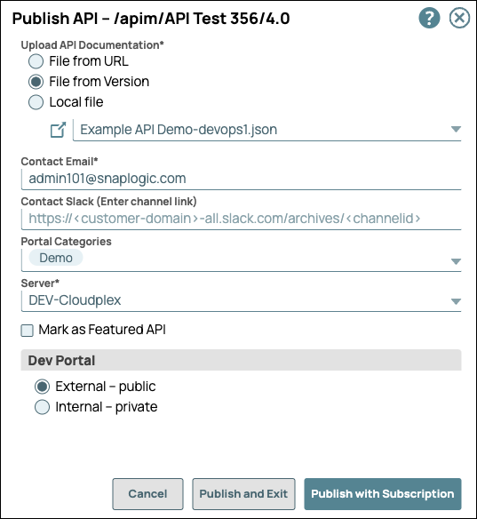 Publish API dialog - first page