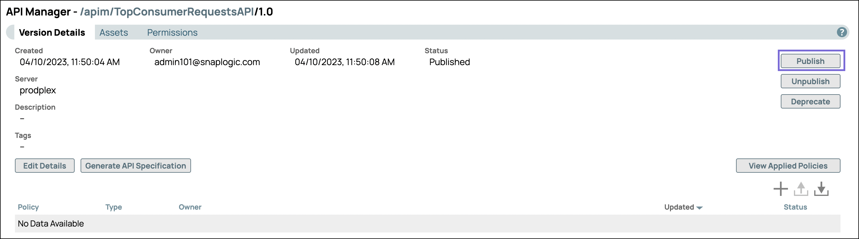 Version Details tab with Publish button
