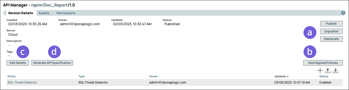 Version Details page with callouts for supported operations
