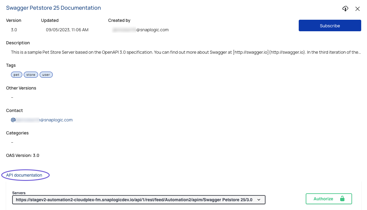 Developer Portal showing API with external documentation link