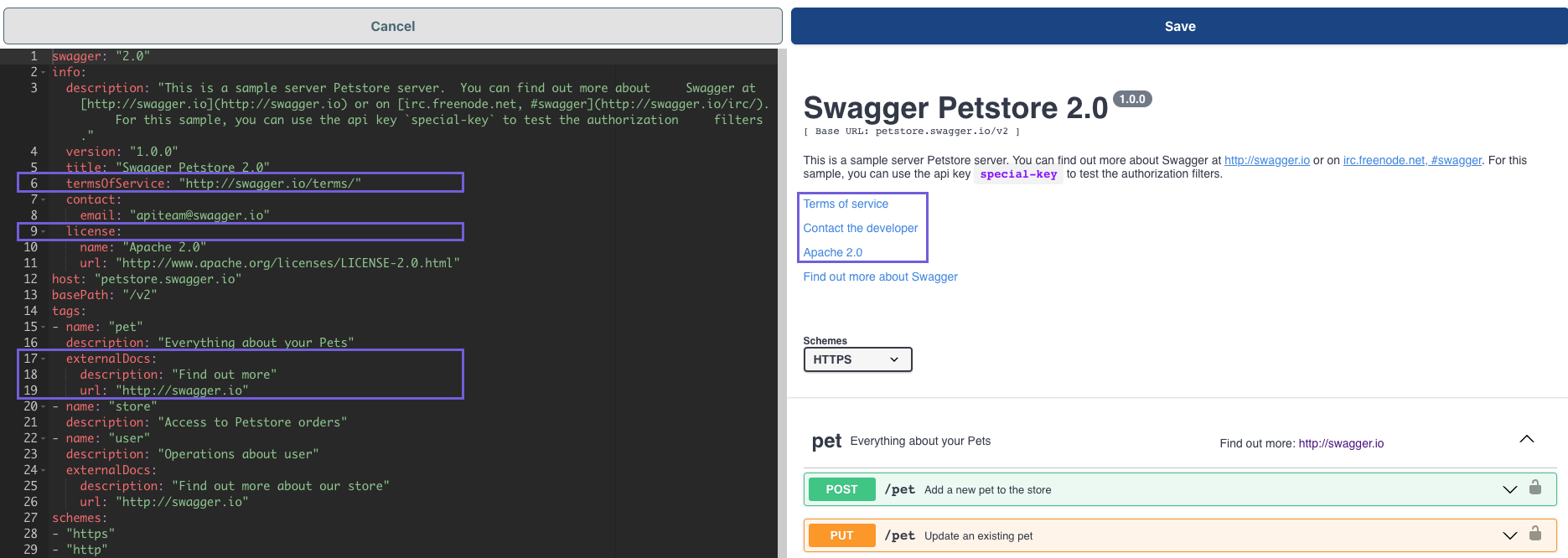 Swagger Editor showing externalDoc, termsOfService, and license fields