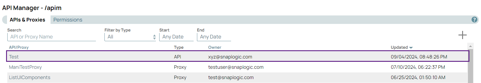 API Manager page