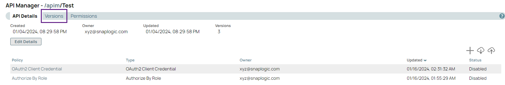 Versions tab