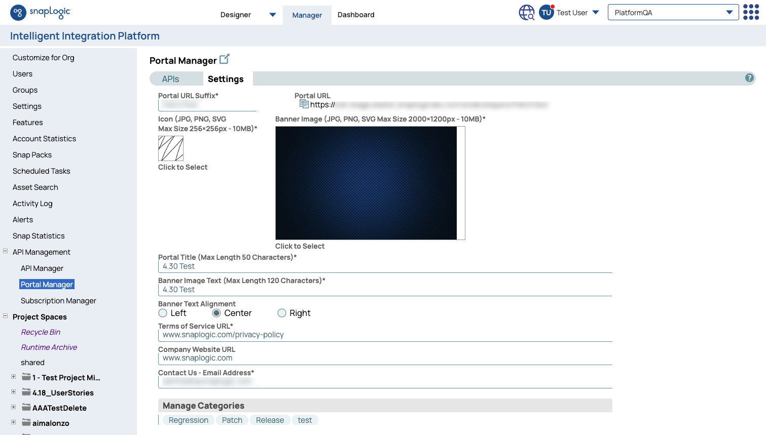 Portal Manager Settings tab