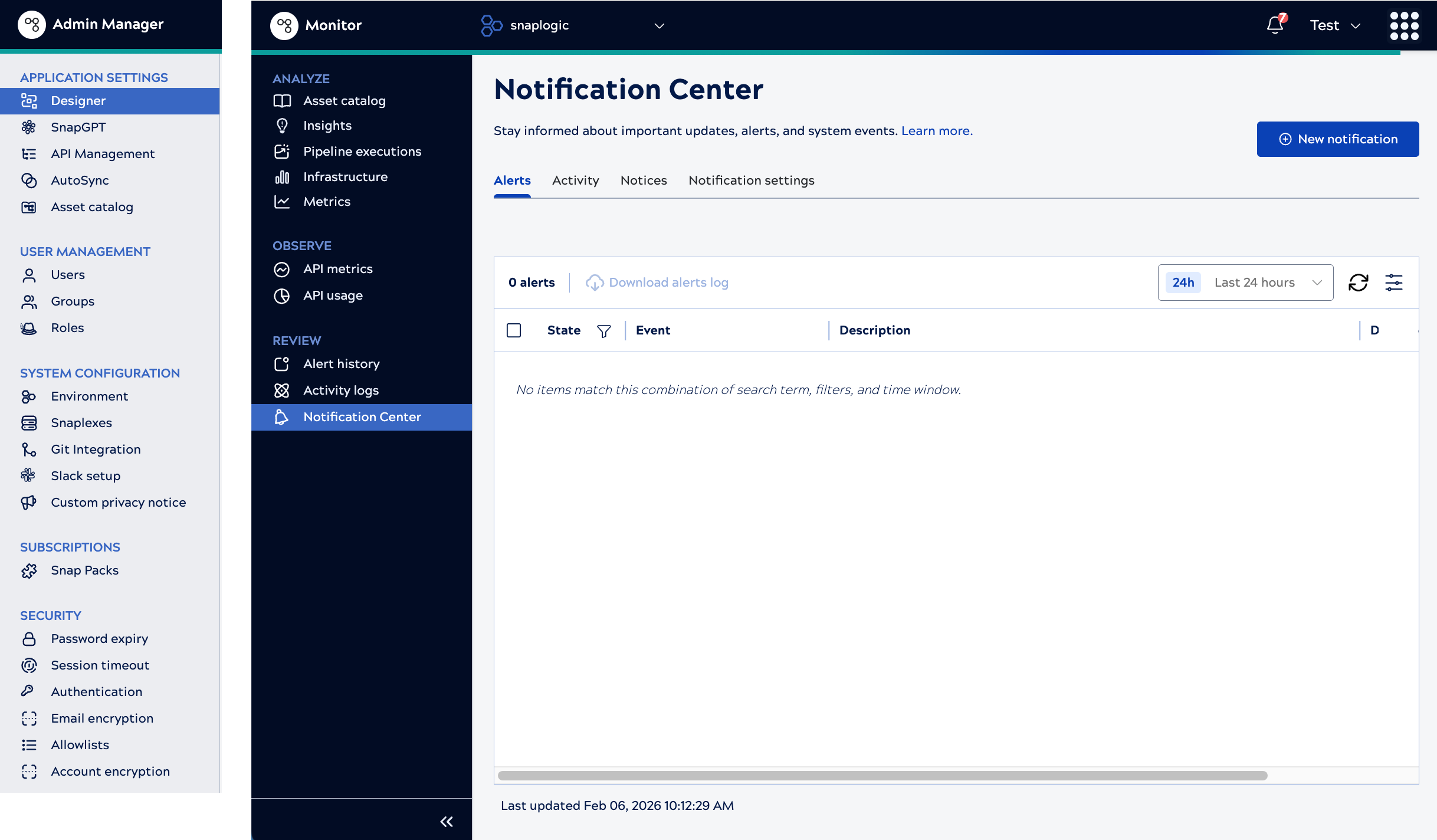 Admin Manager settings and Monitor Notification Center