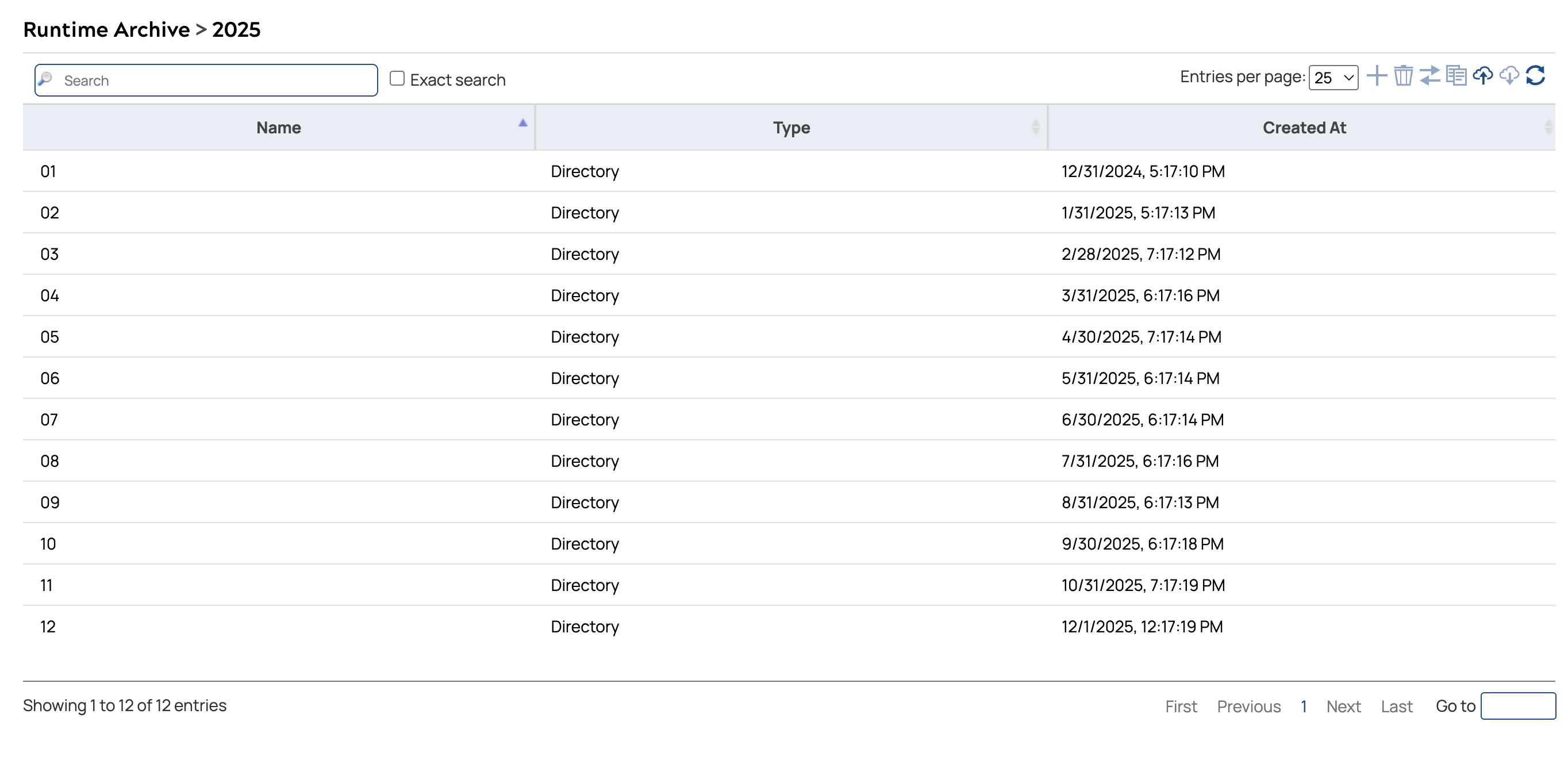 Runtime Archive showing months as directories under a selected year