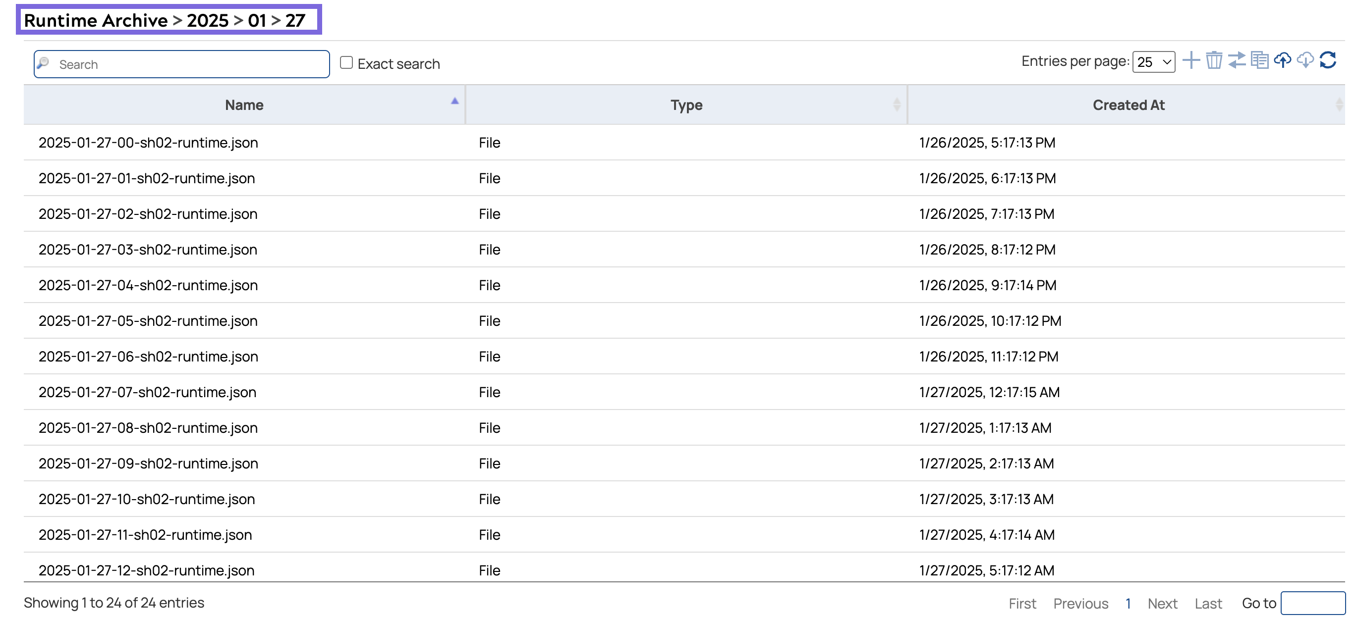 Runtime Archive displaying JSON log files for a selected day