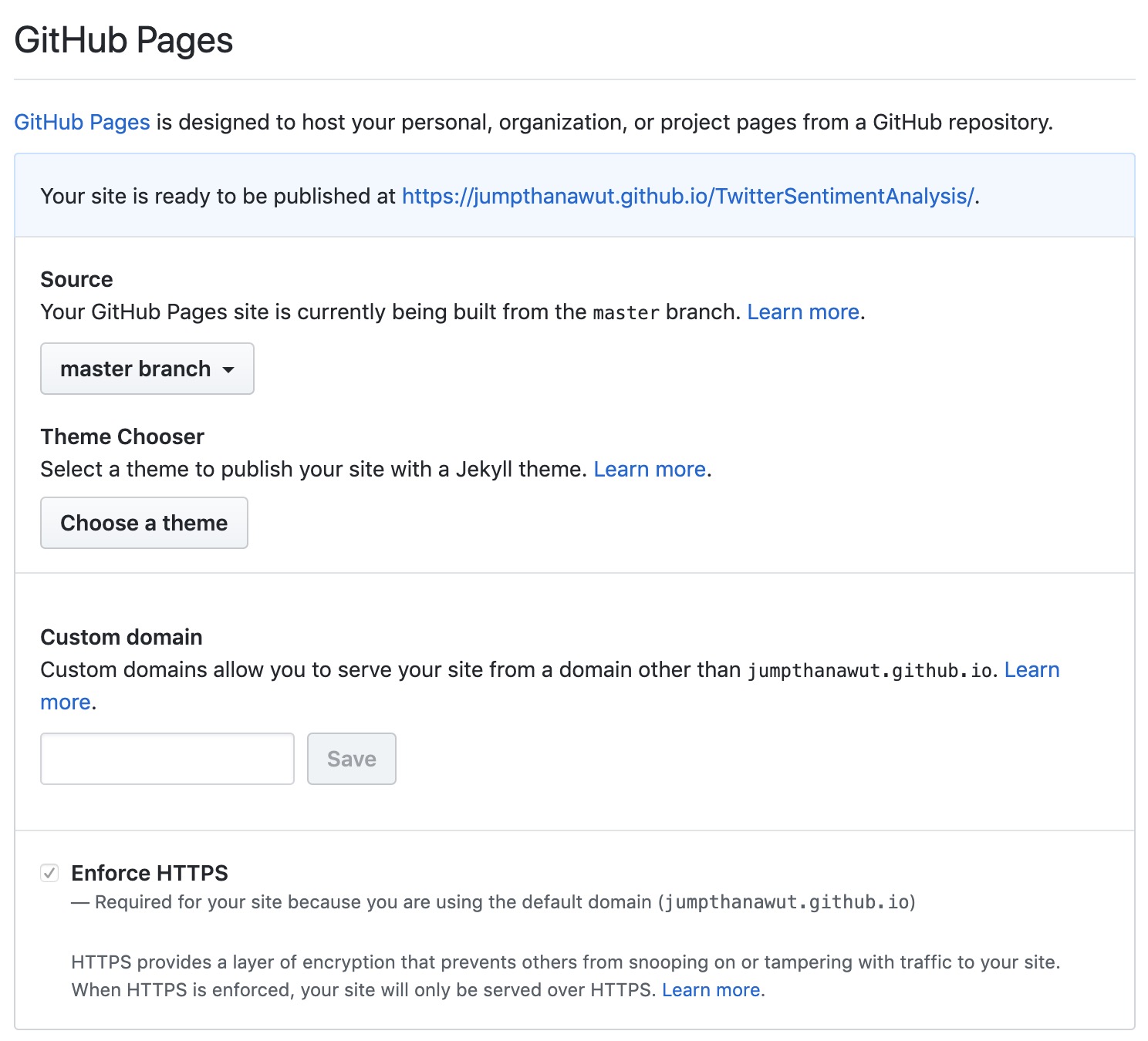 GitHub Pages settings showing the Source branch selection
