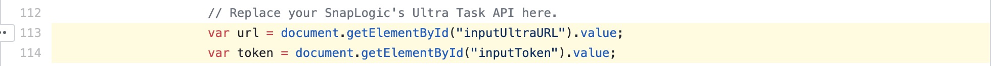 HTML file showing the URL and token at lines 113 and 114