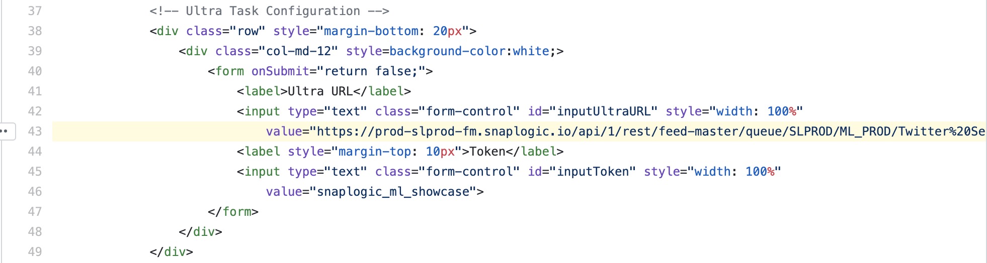 HTML file showing the URL at line 43