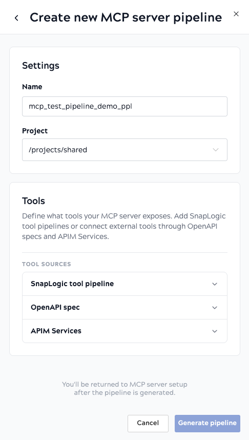 MCP Server Pipeline Builder showing Settings and Tools sections with accordion for SnapLogic tool pipeline, OpenAPI spec, and APIM Services