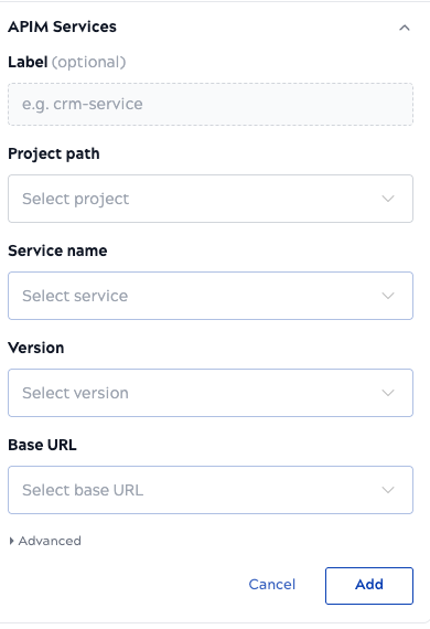 APIM Services section expanded showing Project path, Service name, Version, and Base URL dropdowns