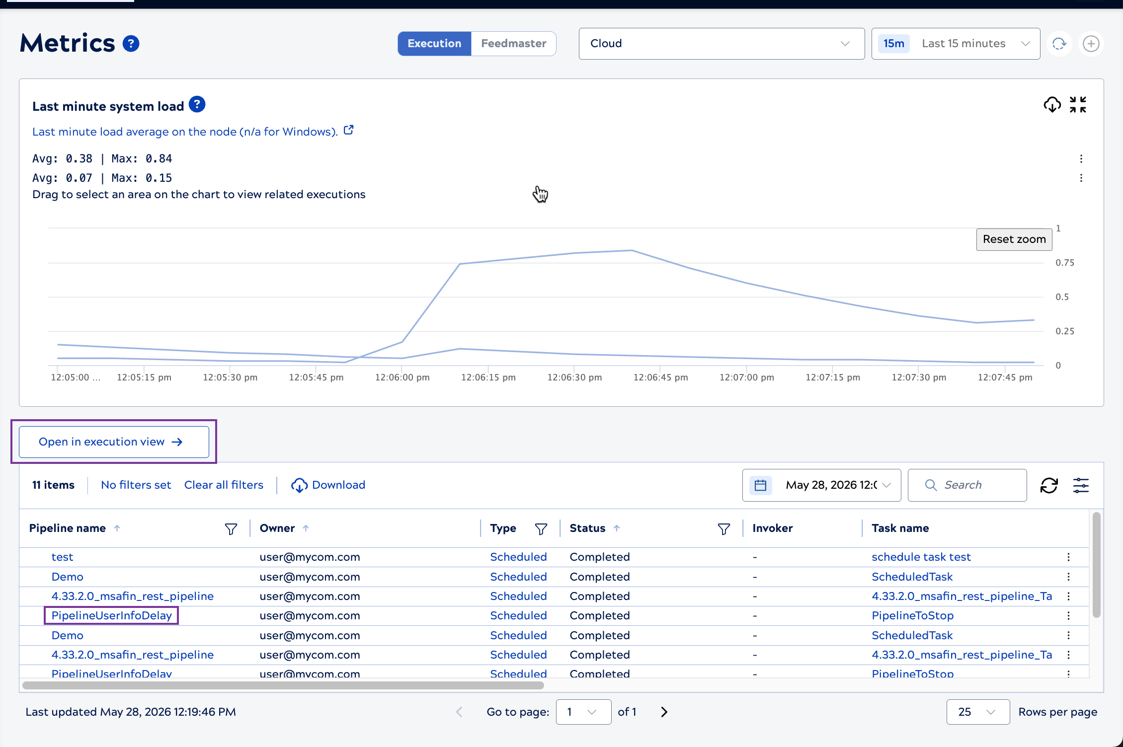 Click Open in execution view or click the pipeline name to open in Designer