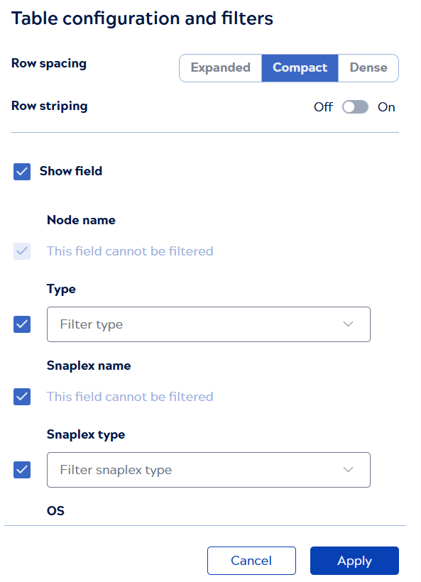 Table configuration and filters