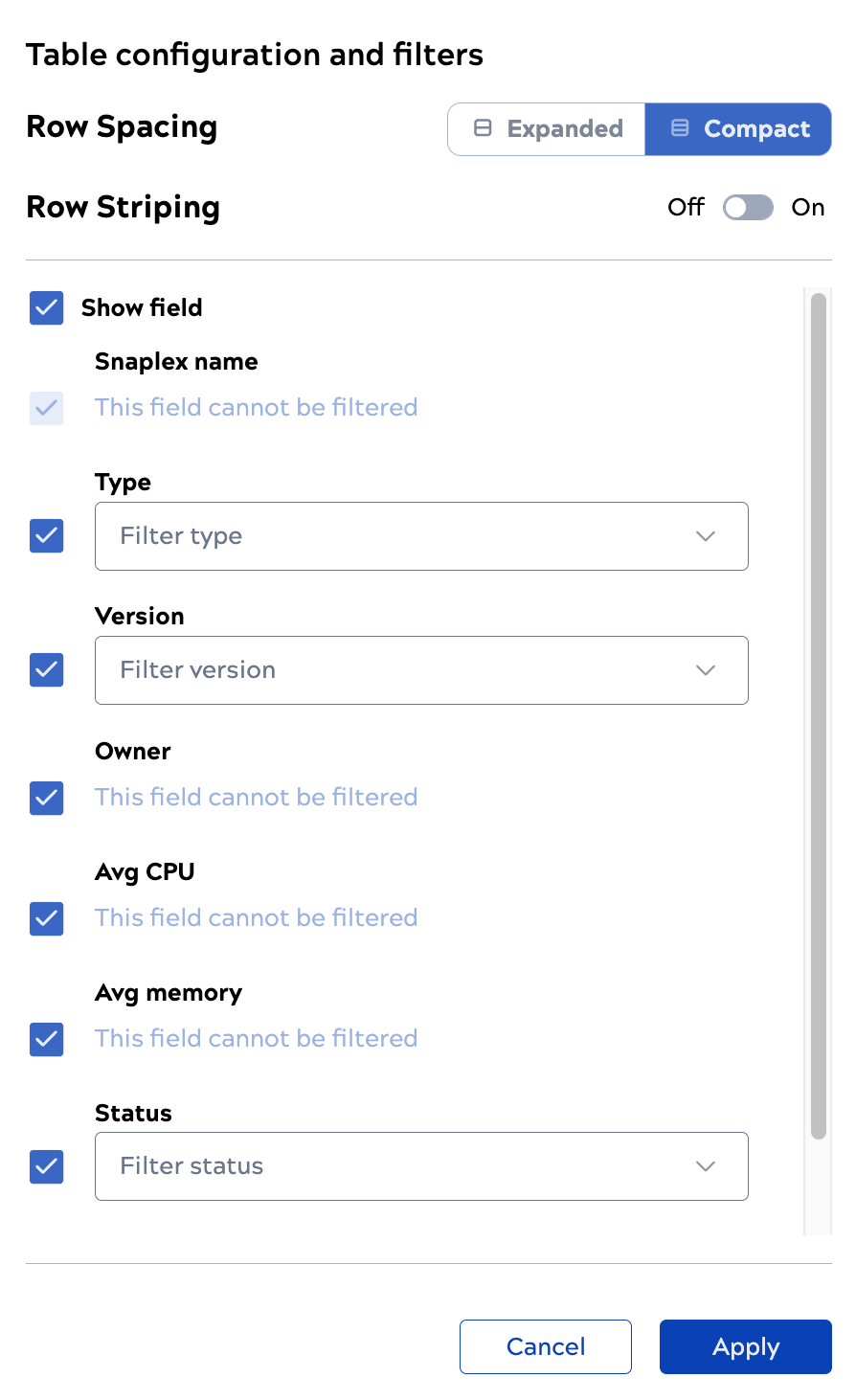 Table configuration and filters