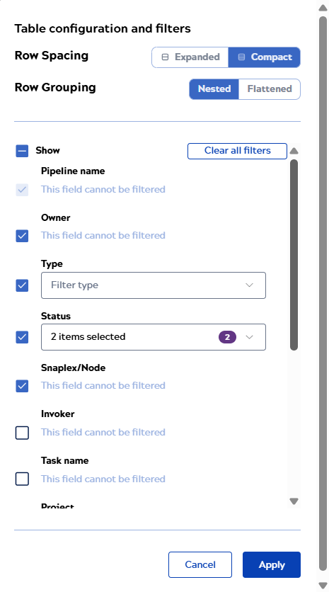 Table configuration and filters