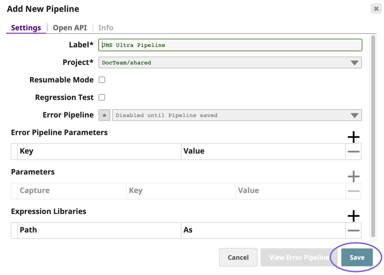 Pipeline import dialog