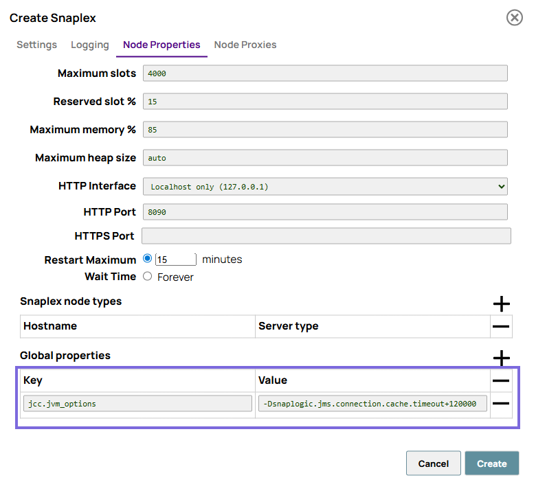 JMS node properties