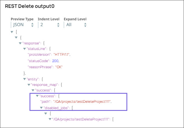 REST Delete Snap output confirming project deletion