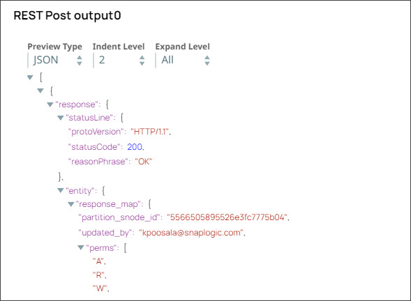REST Post Snap output displaying project ID