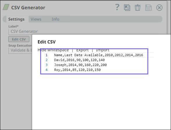 CSV Generator Snap and output