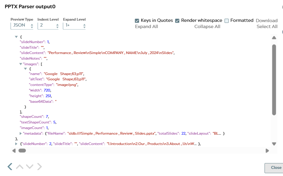 Expanded first slide output document showing slideNumber, slideTitle, slideContent, slideNotes, images array, shapeCount, textShapeCount, imageCount, and metadata fields