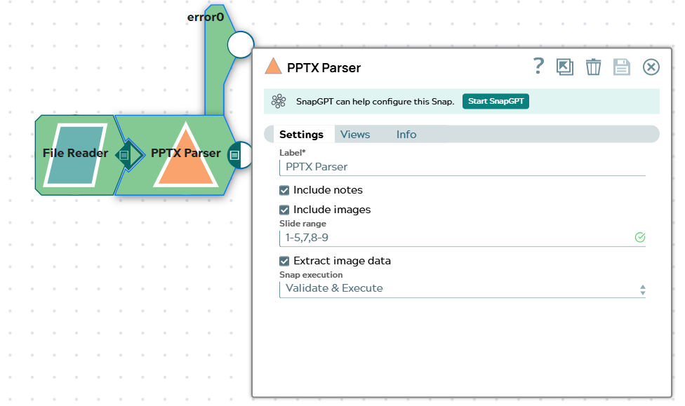 PPTX Parser Snap settings panel showing the configured field values