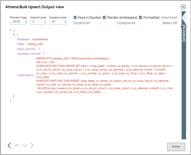 Athena Bulk Upsert Snap output