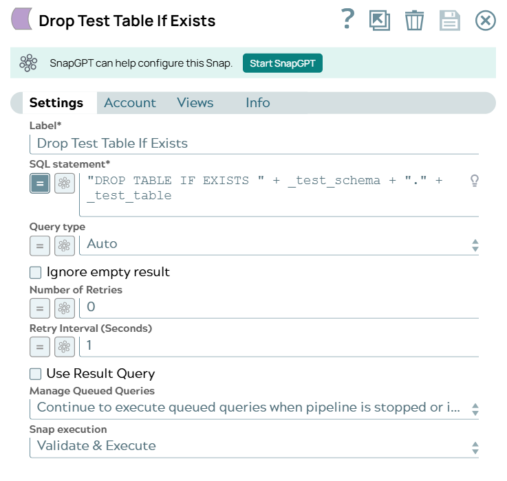Databricks - Execute Snap configuration to delete an existing table