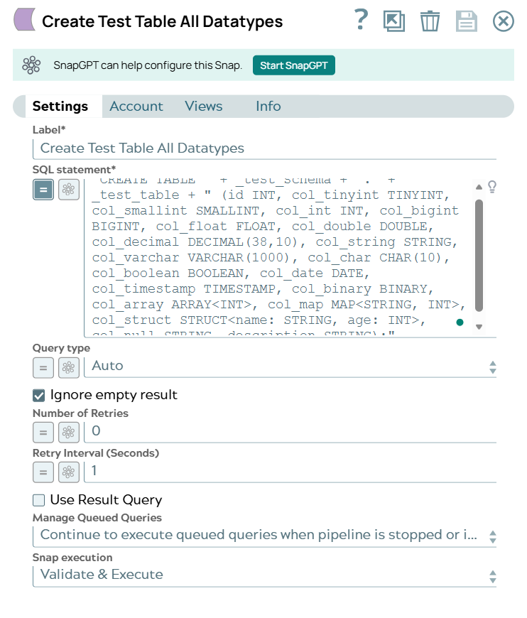Databricks - Execute Snap configuration to create a new table