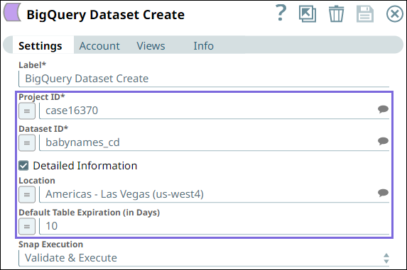 BigQuery Dataset Create Snap configuration
