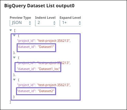 BigQuery Dataset List Snap output