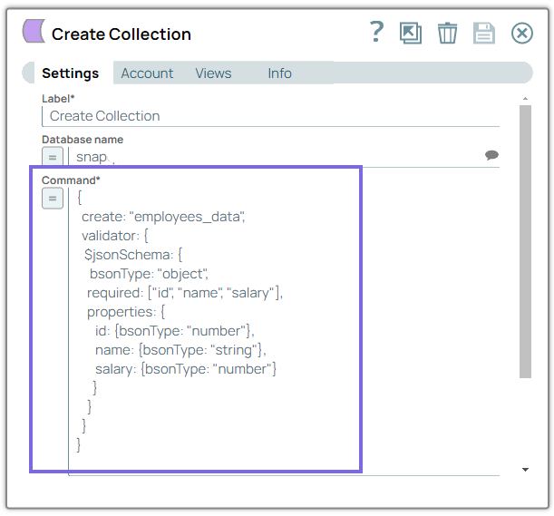 MongoDB Execute - Create collection configuration