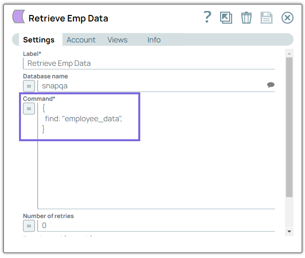 MongoDB Execute - Find data configuration