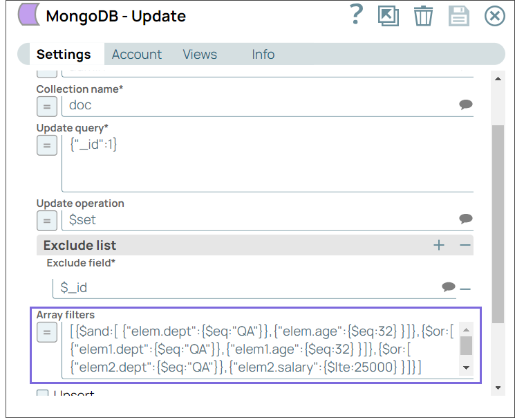 MongoDB Update configuration with array filters