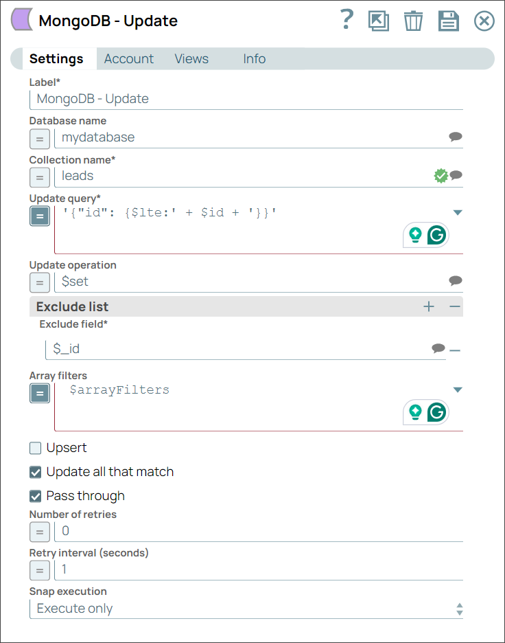 MongoDB Update Snap in pipeline