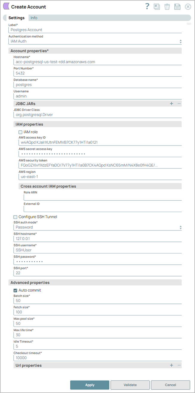 PostgreSQL Account configuration dialog