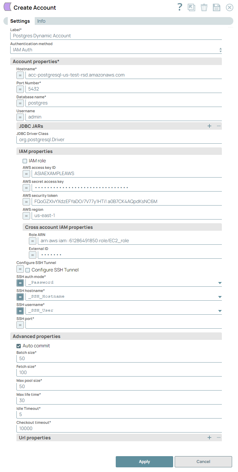 PostgreSQL Dynamic Account configuration dialog
