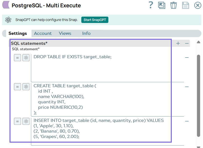 PostgreSQL Multi Execute Snap configuration