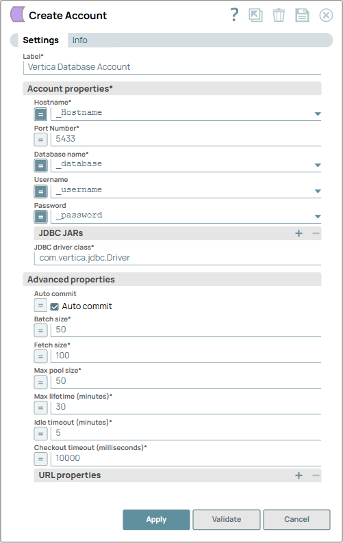 Vertica Database Account configuration