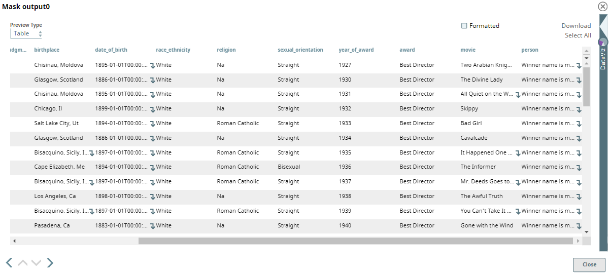Output preview of masked dataset